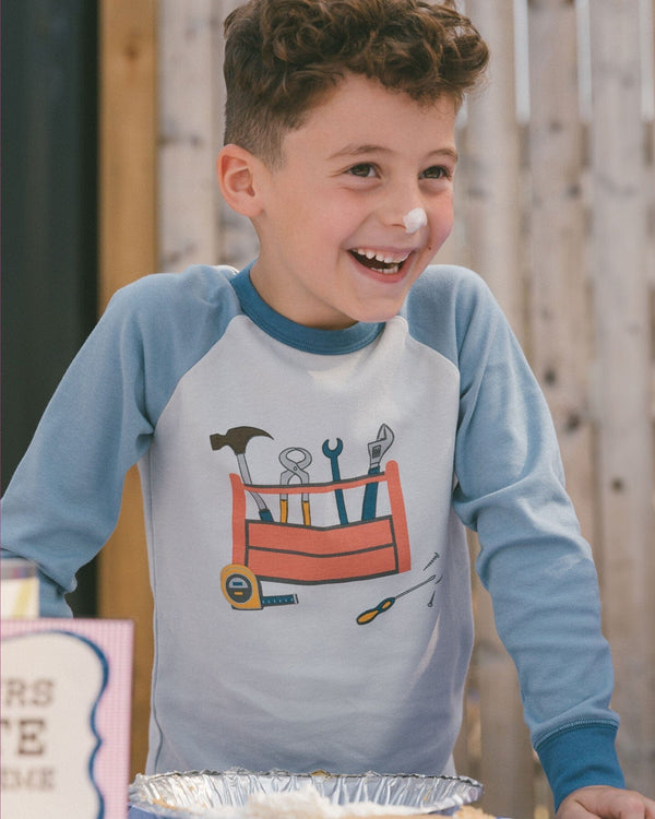 Organic Cotton Long Sleeve Top And Pants Two-Piece Pajama Set Tools On Bluish Gray Background - G30PB14_047