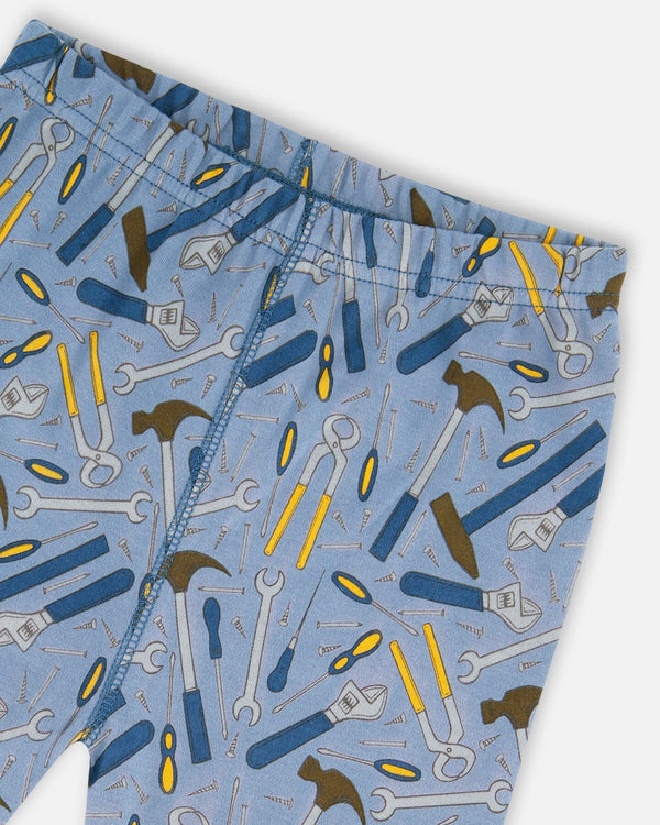 Organic Cotton Long Sleeve Top And Pants Two-Piece Pajama Set Tools On Bluish Gray Background - G30PB14_047