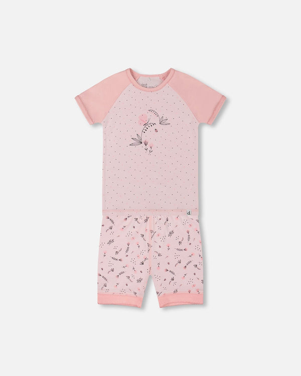 Organic Cotton Two-Piece Short Pajama Set Small Pink Flowers On Pale Pink Background - G30PG11_028