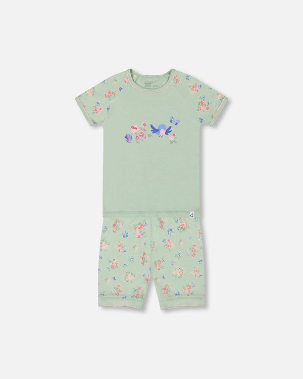Organic Cotton Two-Piece Short Pajama Set Small Pink And Blue Flowers On Light Sage - G30PG11_029