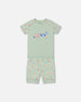 Organic Cotton Two-Piece Short Pajama Set Small Pink And Blue Flowers On Light Sage - G30PG11_029