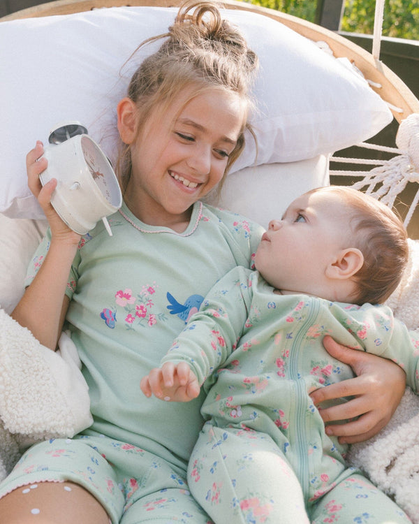 Organic Cotton Two-Piece Short Pajama Set Small Pink And Blue Flowers On Light Sage Pajamas Deux par Deux
