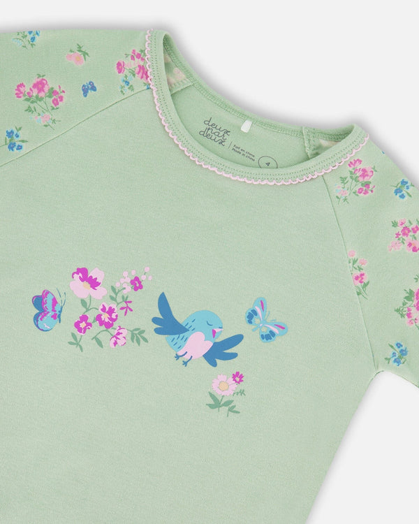Organic Cotton Two-Piece Short Pajama Set Small Pink And Blue Flowers On Light Sage - G30PG11_029