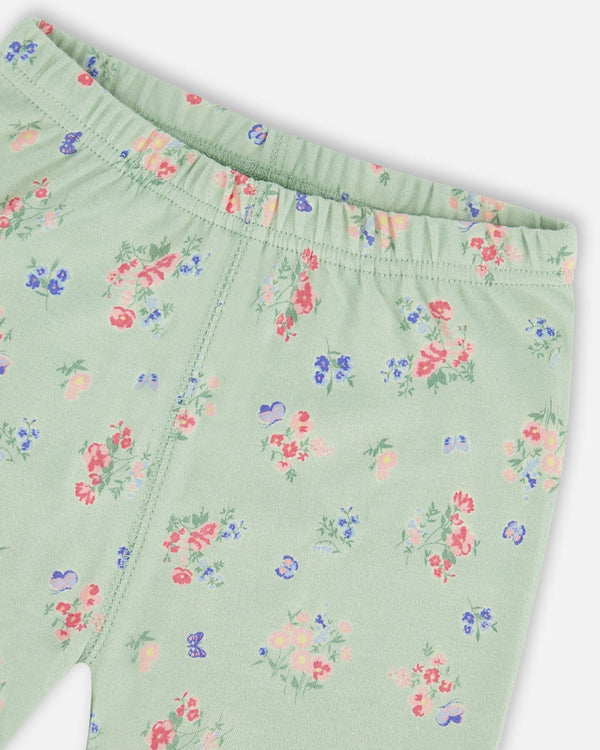 Organic Cotton Two-Piece Short Pajama Set Small Pink And Blue Flowers On Light Sage - G30PG11_029