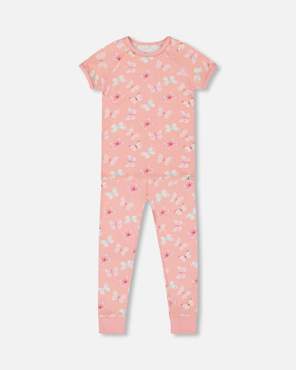 Organic Cotton Short Sleeve Top And Pant Pajama Set Pink And Blue Butterflies On Old Pink - G30PG13_030