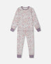 Printed Organic Cotton Long Sleeve Top And Pant Pajama Set Pale Pink Flowers On Neutral Lilac Pajamas Deux par Deux