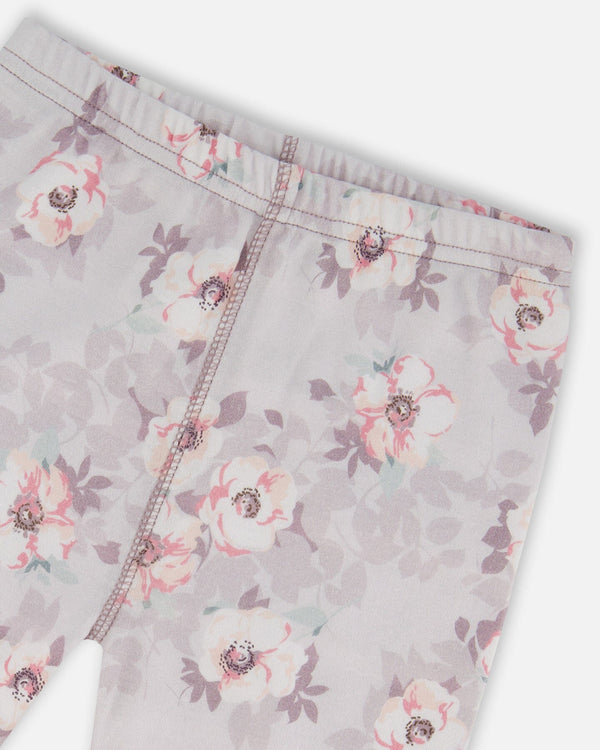 Printed Organic Cotton Long Sleeve Top And Pant Pajama Set Pale Pink Flowers On Neutral Lilac Pajamas Deux par Deux