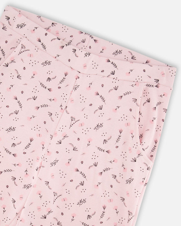 Women'S Printed Organic Cotton Two-Piece Pajama Set Small Pink Flowers On Pale Pink Background - G30PG16_028