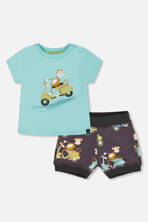 Two-Piece Top And Short Set Monkey On Navy And Turquoise Moped - G30S10_087