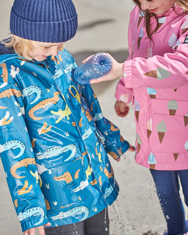 Blue Raincoat With Crocodiles That Change Color Upon Contact With Water Outerwear Deux par Deux
