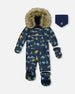 One-Piece Baby Play Snowsuit Designed For Car Seat Navy Animal Print - H10PBB75_030