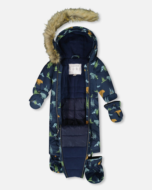 One-Piece Baby Play Snowsuit Designed For Car Seat Navy Animal Print - H10PBB75_030