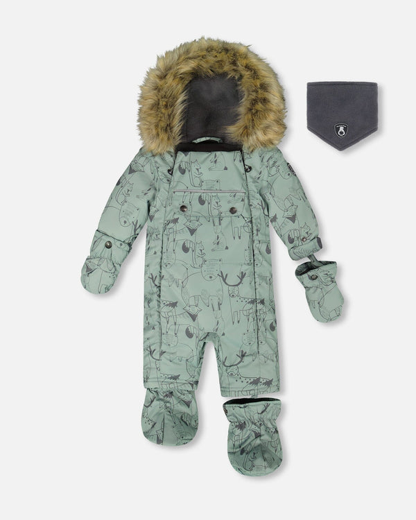 One-Piece Baby Play Snowsuit Designed For Car Seat Sage Animal Print - H10PBB75_032