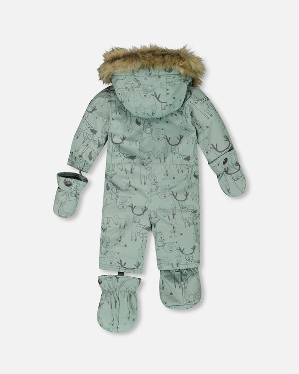 One-Piece Baby Play Snowsuit Designed For Car Seat Sage Animal Print - H10PBB75_032