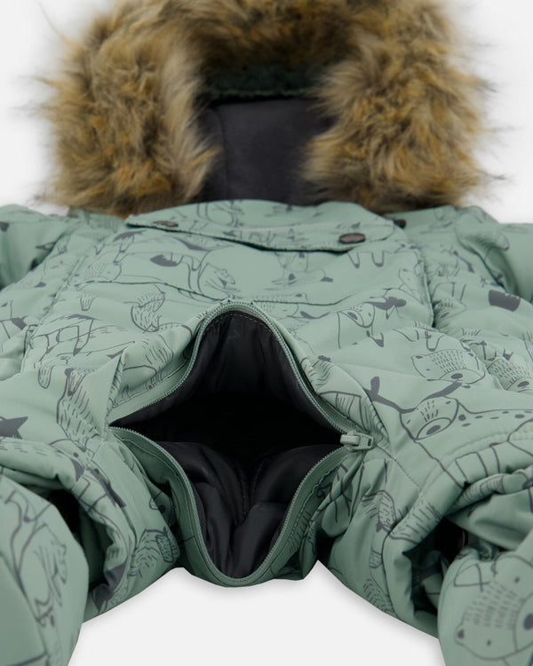 One-Piece Baby Play Snowsuit Designed For Car Seat Sage Animal Print - H10PBB75_032