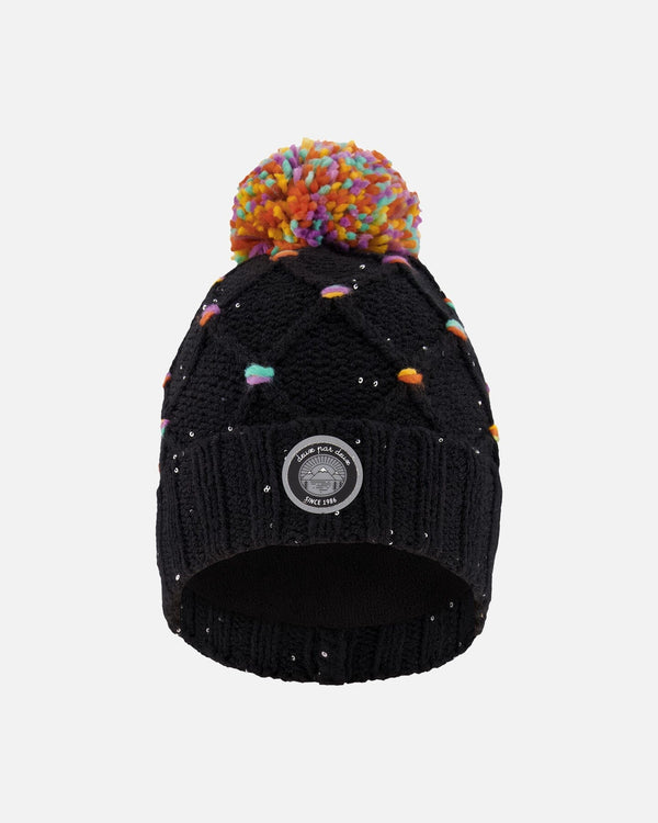 Lined Knit Pompom Hat Black And Multicolor With Little Sequins - H10Z02_000
