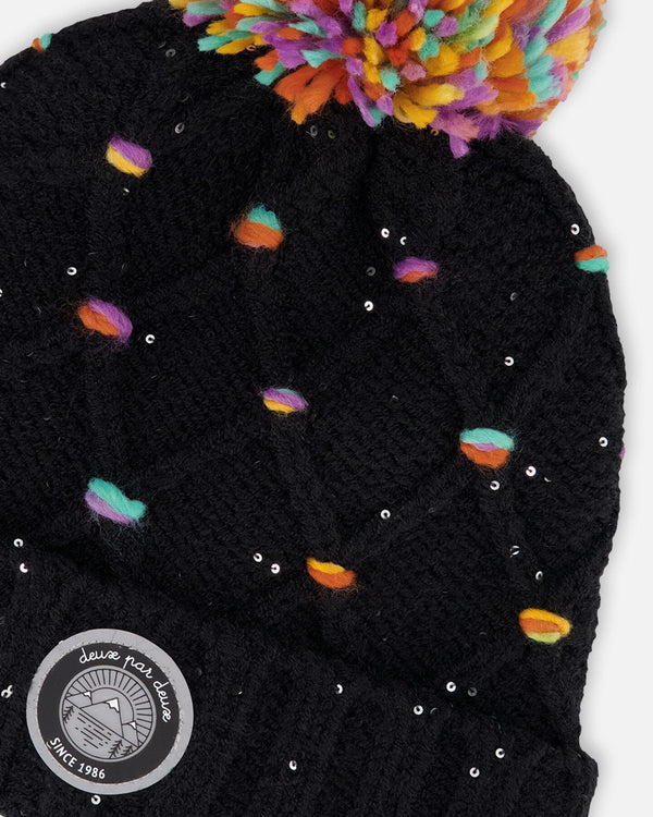 Lined Knit Pompom Hat Black And Multicolor With Little Sequins - H10Z02_000