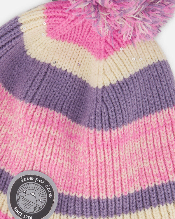 Lined Peruvian Knit Pompom Hat Pink And Purple - H10Z05_000