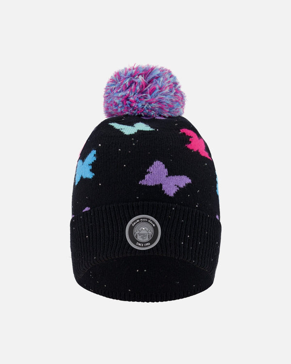 Lined Knit Pompom Hat Black Butterfly Pattern - H10Z08_000