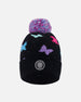 Lined Knit Pompom Hat Black Butterfly Pattern - H10Z08_000