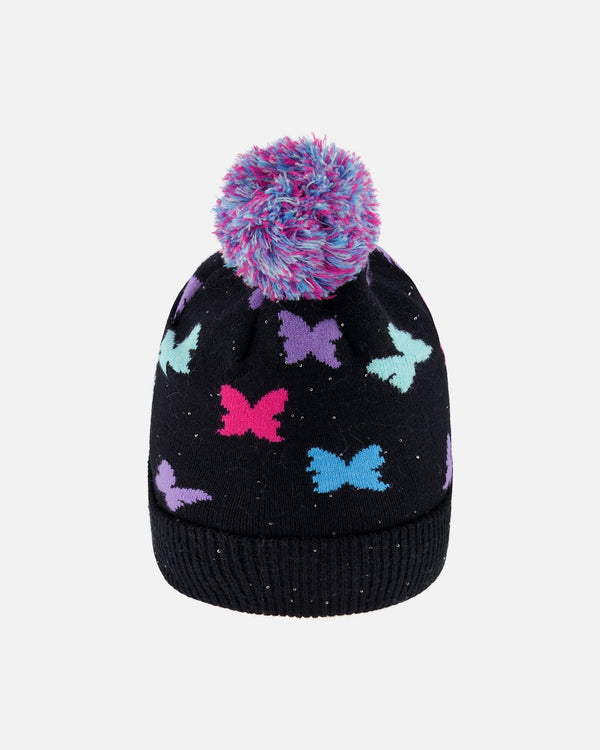 Lined Knit Pompom Hat Black Butterfly Pattern - H10Z08_000