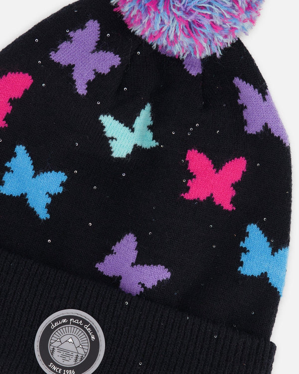 Lined Knit Pompom Hat Black Butterfly Pattern - H10Z08_000