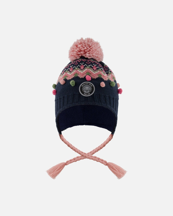 Lined Peruvian Knit Pompom Hat Navy Blue And Pink - H10Z10_000