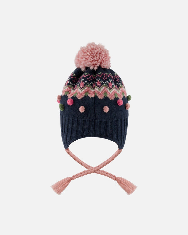Lined Peruvian Knit Pompom Hat Navy Blue And Pink - H10Z10_000