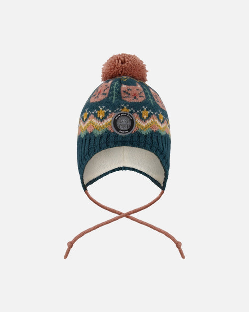 Lined Peruvian Knit Pompom Hat Green And Pink - H10Z11_000