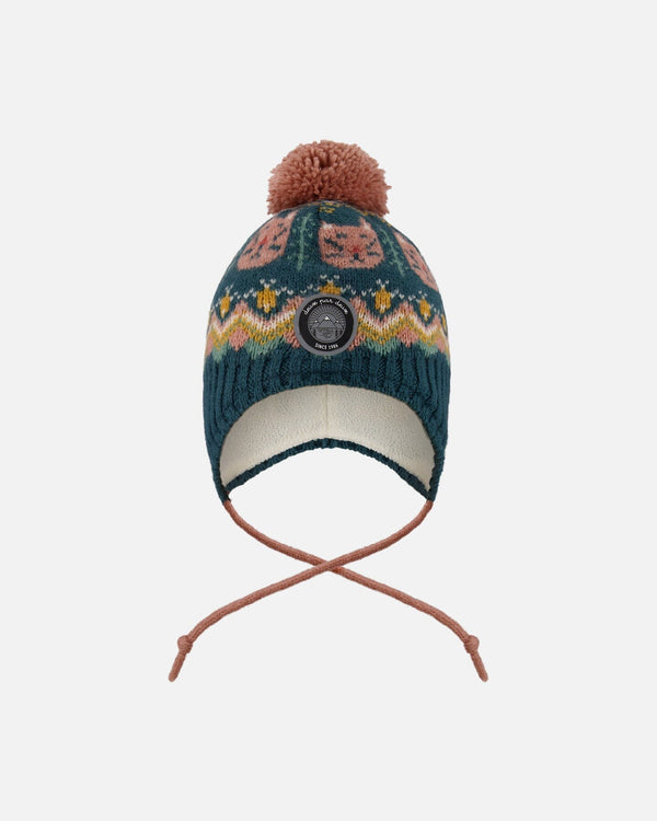 Lined Peruvian Knit Pompom Hat Green And Pink - H10Z11_000