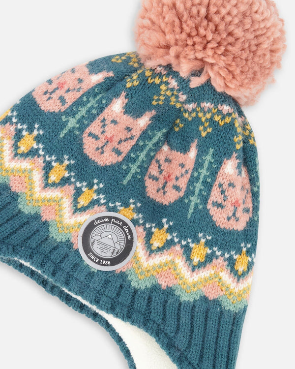 Lined Peruvian Knit Pompom Hat Green And Pink - H10Z11_000