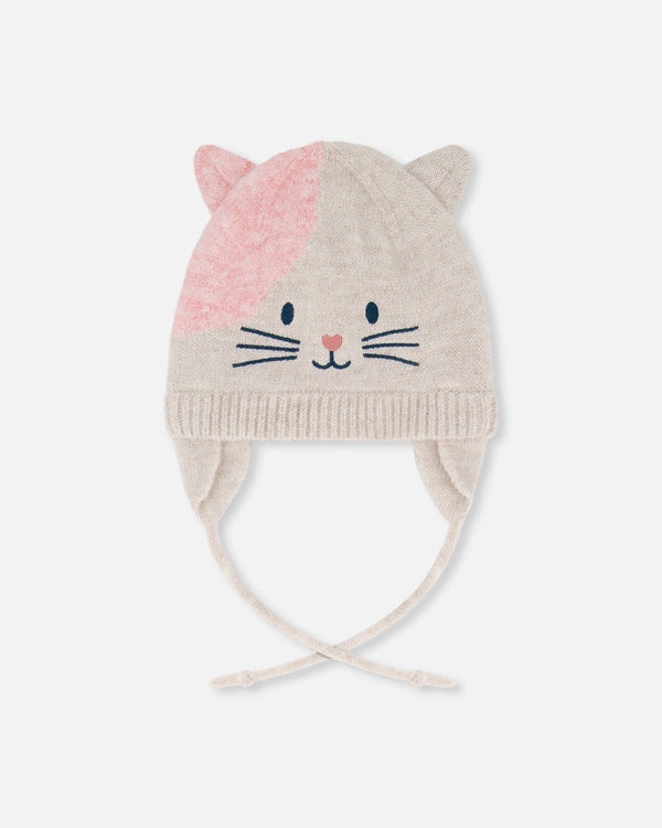 Lined Knit Hat With Ears Off-White And Pink - H10Z12_000