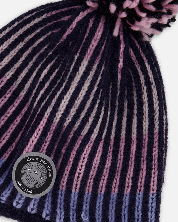 Lined Peruvian Knit Pompom Hat Black And Purple - H10Z13_000