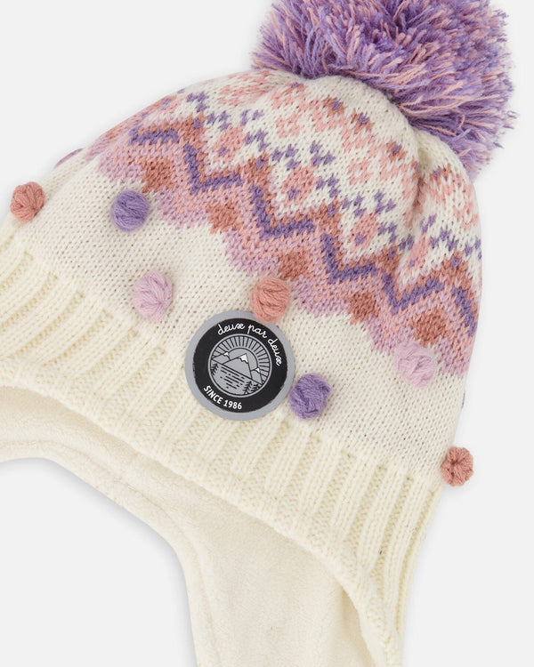 Lined Peruvian Knit Pompom Hat Off-White And Lilac - H10Z17_000