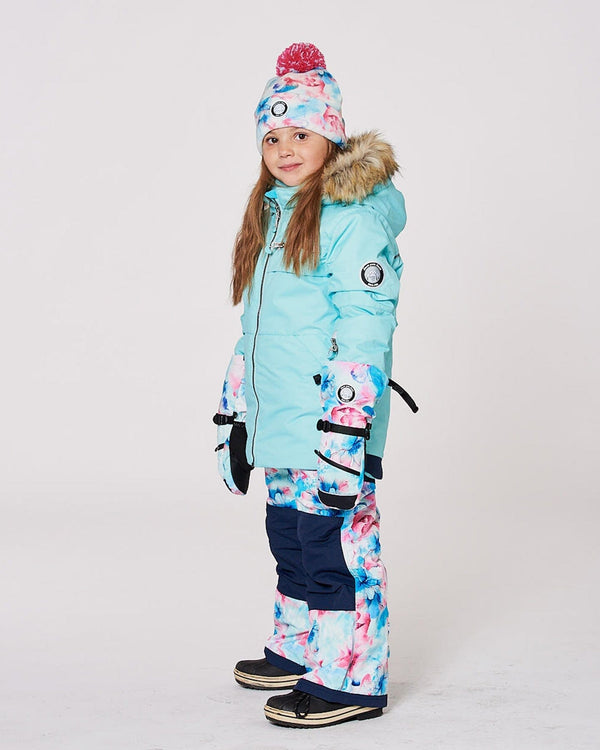 Lined Knit Pompom Hat Blue Flower Print - H10Z21_020