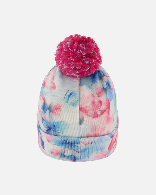 Lined Knit Pompom Hat Blue Flower Print - H10Z21_020