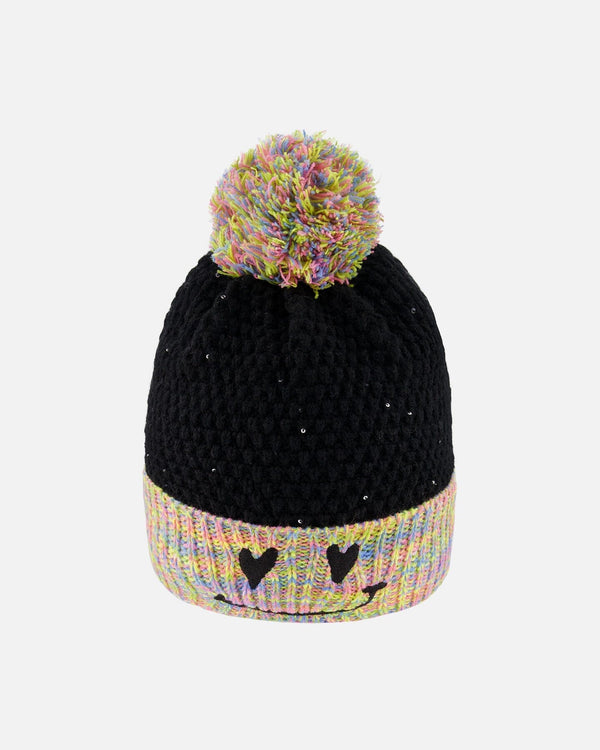 Lined Knit Hat With Pompom Black And Multicolor - H10Z24_000