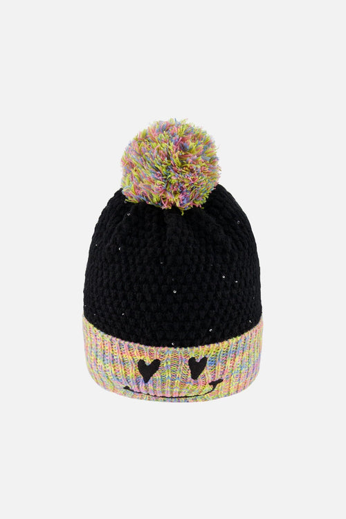Lined Knit Hat With Pompom Black And Multicolor - H10Z24_000