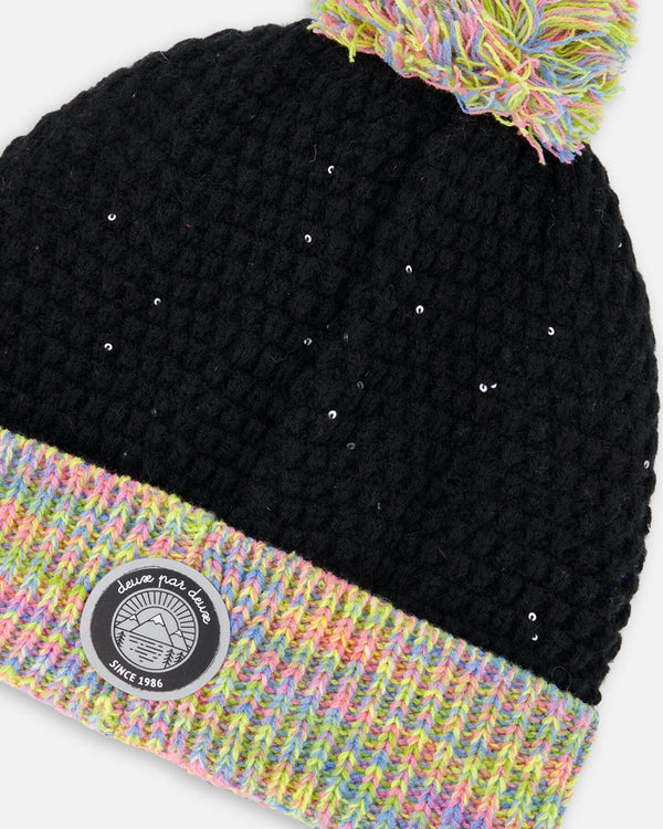 Lined Knit Hat With Pompom Black And Multicolor - H10Z24_000