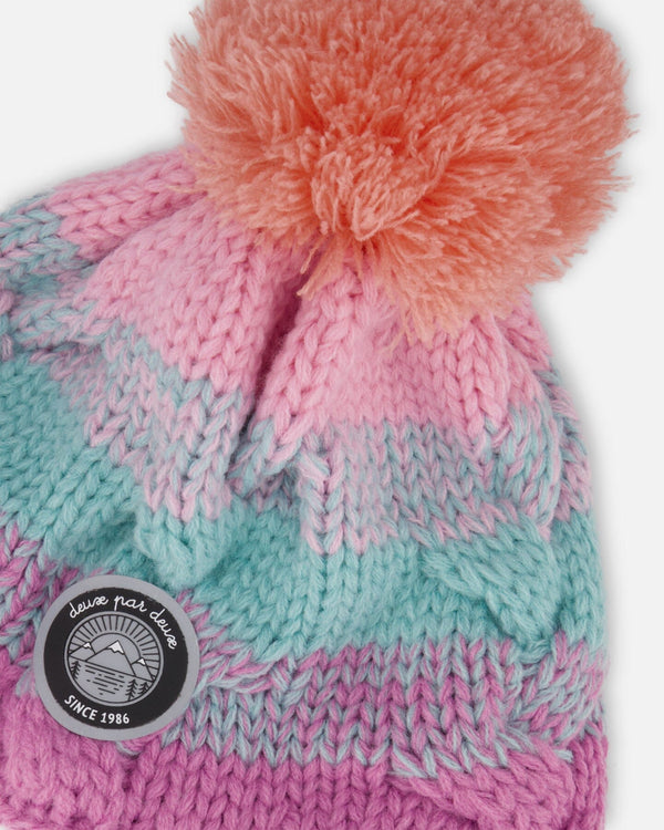 Lined Peruvian Knit Pompom Hat Pink, Orange And Turquoise - H10Z26_000