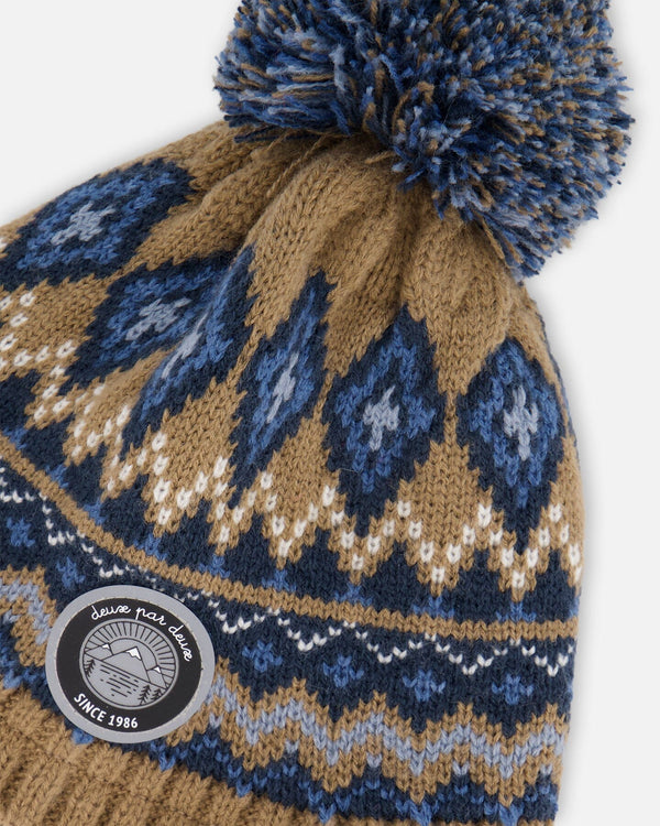 Lined Peruvian Knit Pompom Hat Taupe And Navy - H10Z40_000