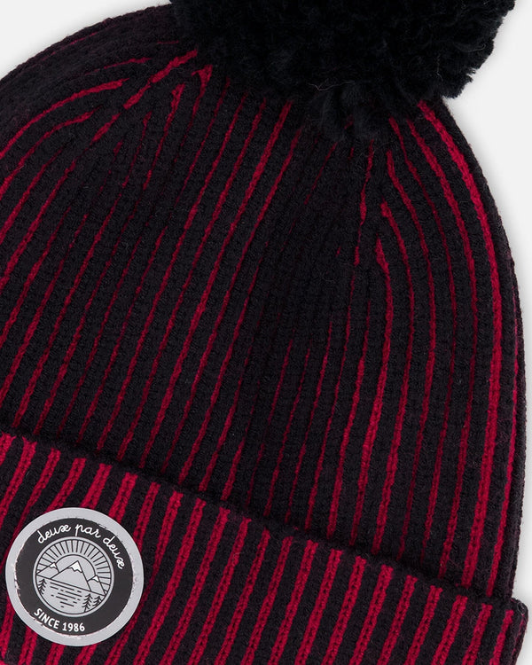 Lined Knit Pompom Hat Red And Black - H10Z48_000