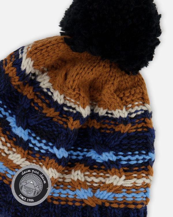 Lined Peruvian Knit Winter Hat With Pompom Taupe And Navy - H10Z49_000