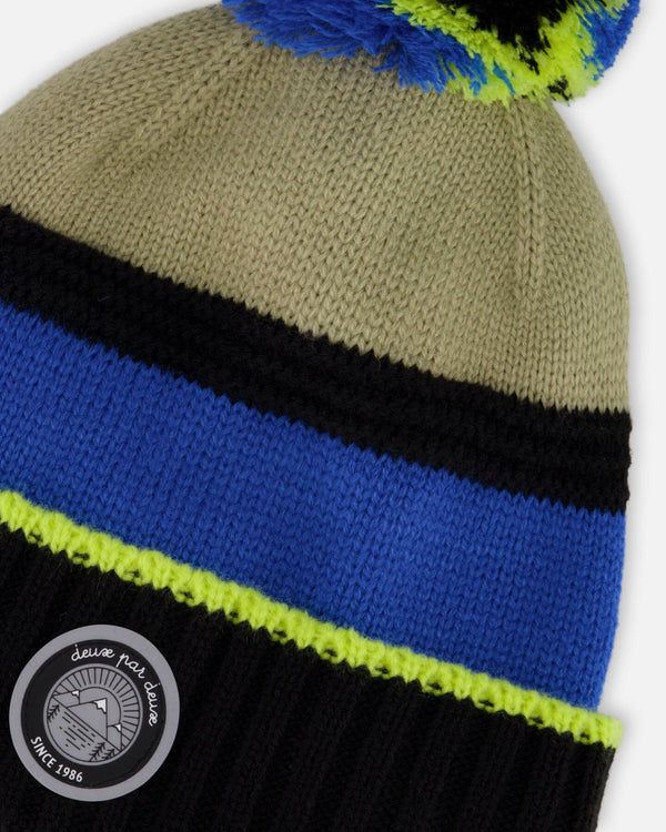 Lined Knit Pompom Hat Black, Taupe And Lime Green - H10Z51_000