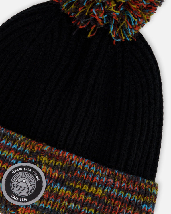 Lined Knit Winter Hat With Pompom Black And Multicolor - H10Z52_000