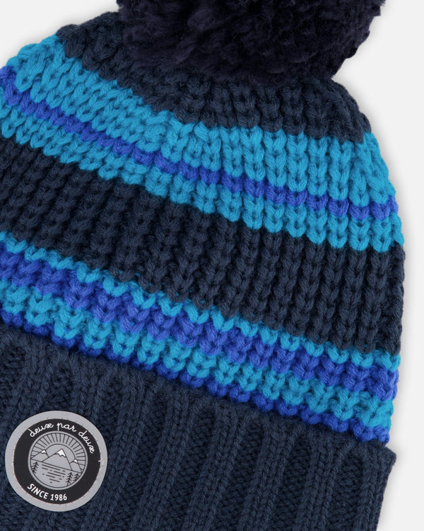 Lined Knit Winter Hat With Pompom Black And Blue - H10Z57_000