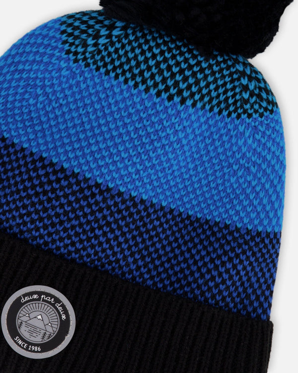 Winter Knit Hat With Pompom And Lining Black And Blue - H10Z59_000
