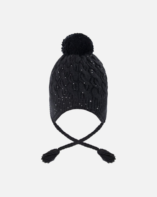 Winter Peruvian Knit Hat With Pompom And Lining Black - H10Z62_999