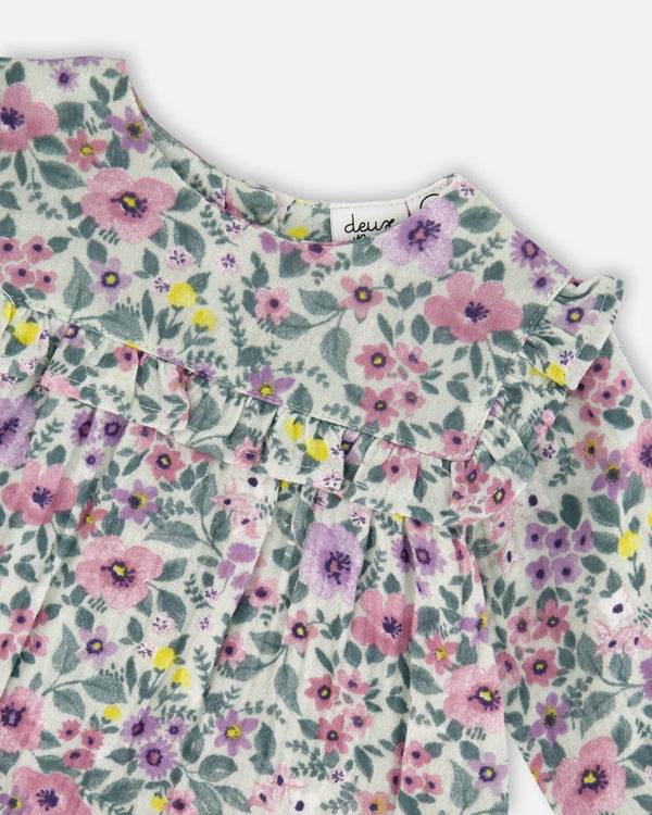 Printed Muslin Sage Floral Dress And Solid Leggings Set - H20A10_046