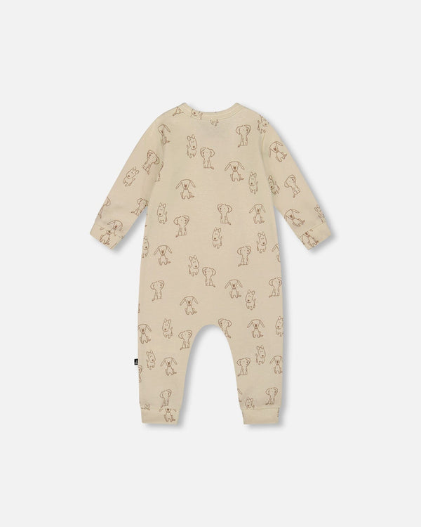 Organic Cotton Zipped Romper Beige Puppy Print - H20C42_050